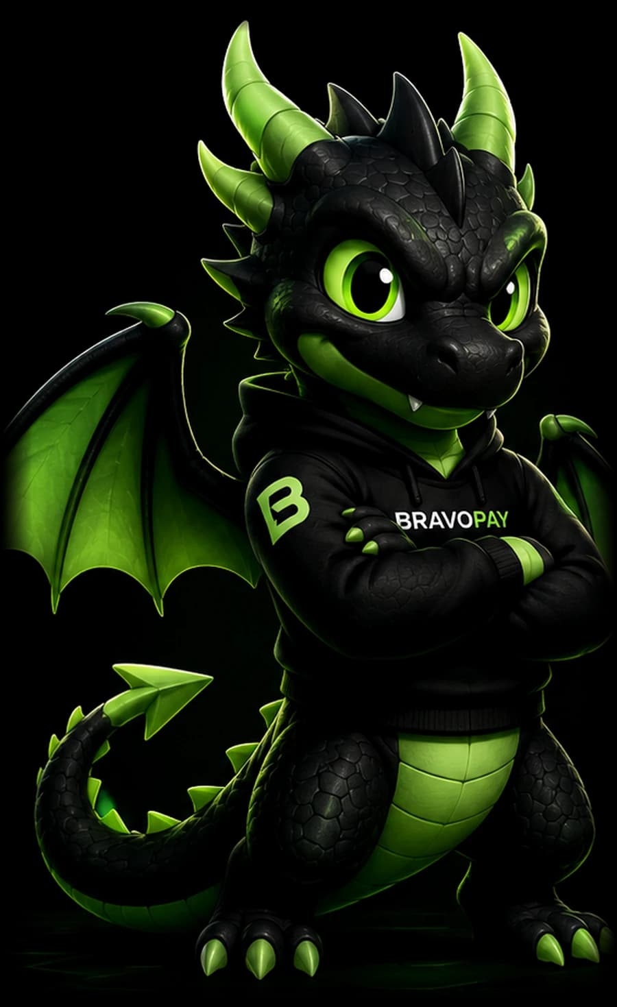 Bravo, o mascote da BravoPay: um dragão preto com chifres verde-limão, de moletom BRAVOPAY e braços cruzados.